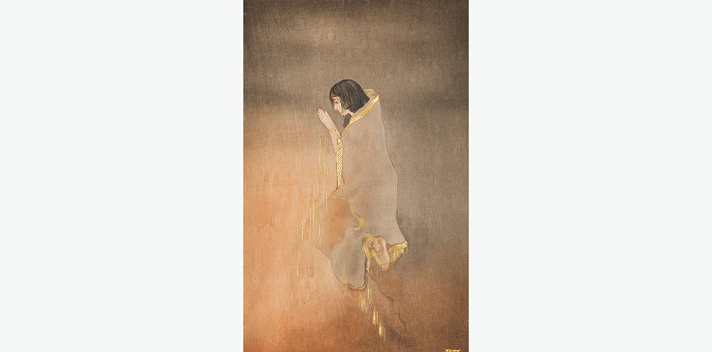 A woman with joined hands wearing a grey saree floats on a hazy orange background that resembles fire with thin lines of golden foil around her.
