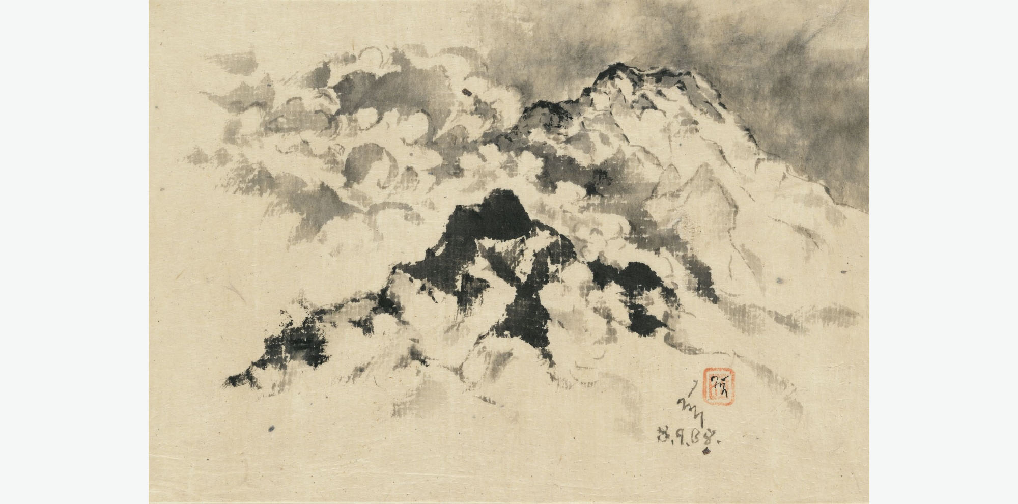 Black mountain peaks and grey swirly clouds on a tan background with a red seal at the bottom right.
