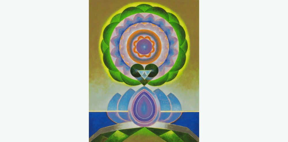 A circle formed by concentric multicoloured floral bands sits atop an abstract blue lotus with mountain-like forms at the bottom.