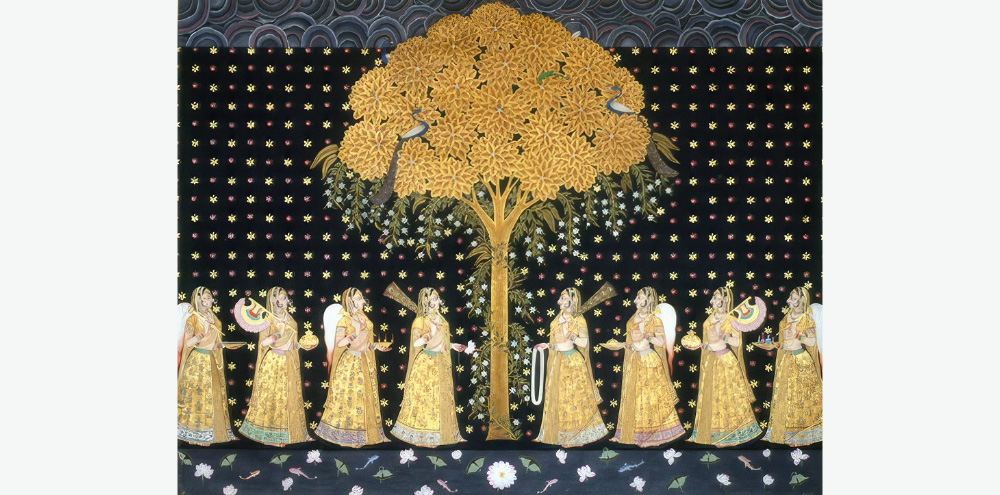 Set against a black background with a floral pattern, a central golden tree perched with peacocks is flanked by eight women wearing golden garments; bordered by a band of rain clouds at the top and a pond of flowers at the bottom.