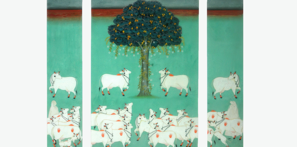 A triptych with its central panel featuring a mango tree in an electric green field and a large herd of cows filling up the foreground of all three panels.