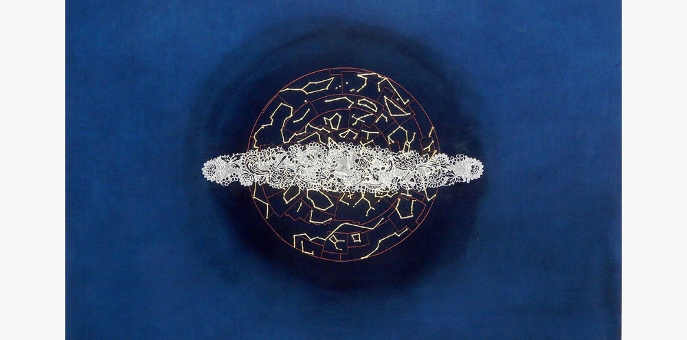 Set against a deep blue background, a white floral lace-like band overlaps a circular constellation diagram set within a maze of concentric circles.