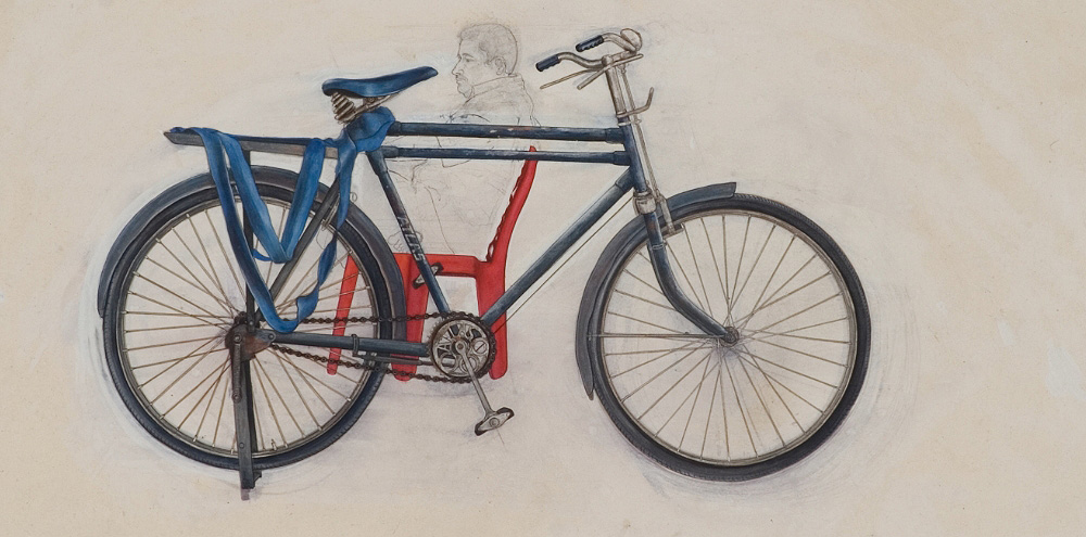 A bicycle with a blue band wrapped around its seat is in the foreground, with a pencil sketch of a man in a red chair visible behind it.