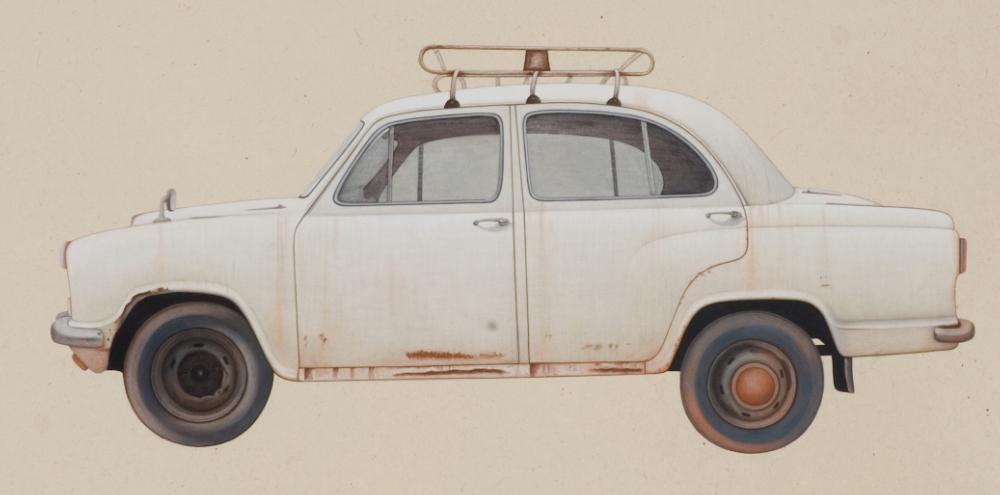 A painting of the side facade of a worn out and rusted Ambassador car, with a missing wheel cover, against a tan background.