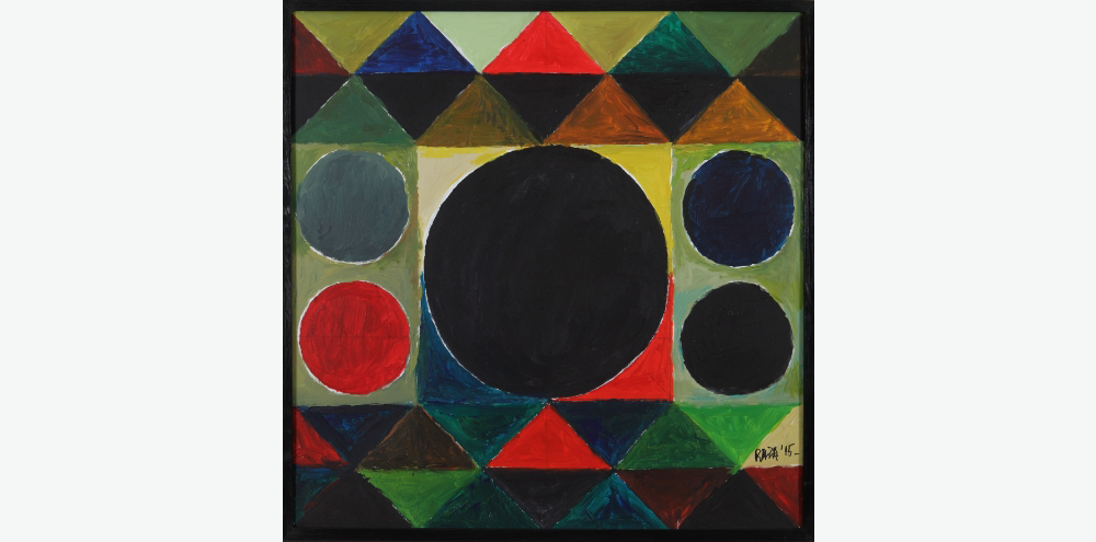 A black circle inscribed into a square with white, yellow, red and blue quadrants is flanked by two solid circles on each side. Alternating multicoloured triangles form patterned bands at the top and bottom of the composition.