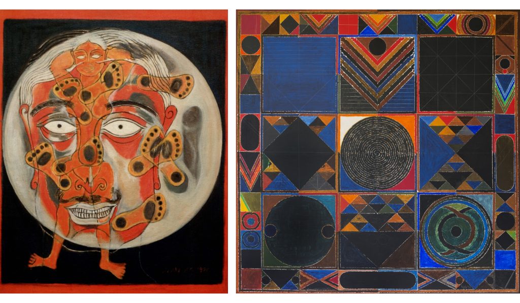 Left: Set against a black background, a white circle is superimposed with footprints, a female body in the nude and a face of a man with exposed teeth and a moustache. Right: A square grid with a black circle with concentric white lines in the centre is surrounded by blue, red, green, yellow and white triangles, circles, and stripes overlapping to form compound patterns. 
