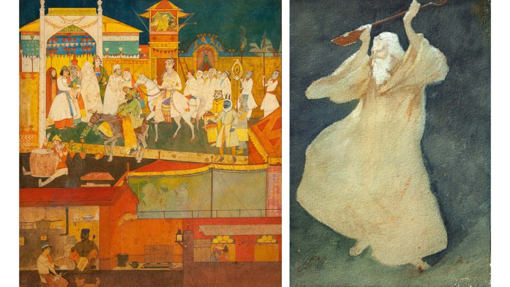 Left: A painting depicting several figures and animals walking on a ramp towards a building at the top while the bottom depicts a marketplace.
Right: A painting of a white-bearded man in an orange garment, holding a musical instrument and spinning against a dark ink-wash background.
