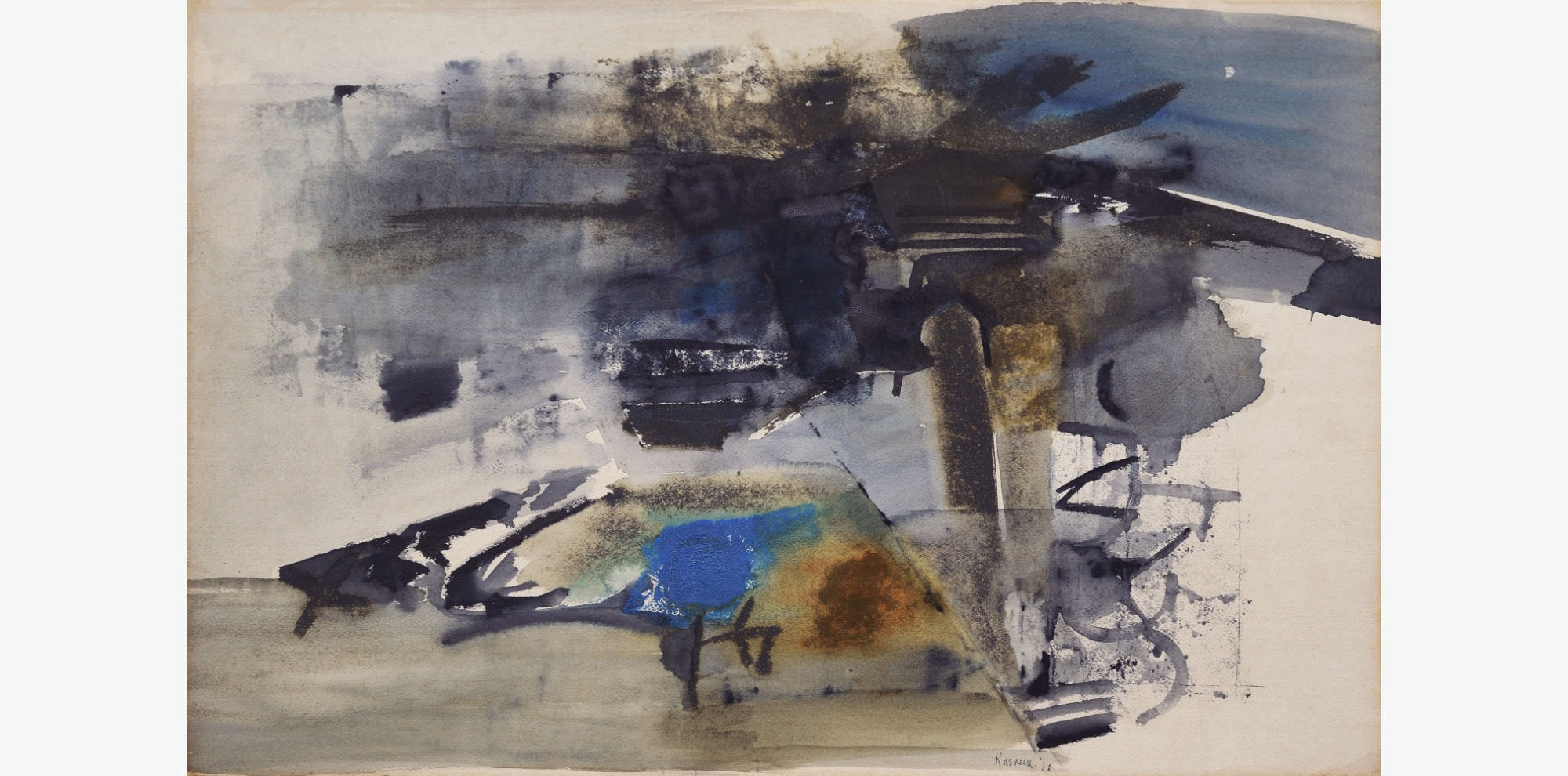 Smudges of blue, black and brown ink form abstract shapes on tan paper.