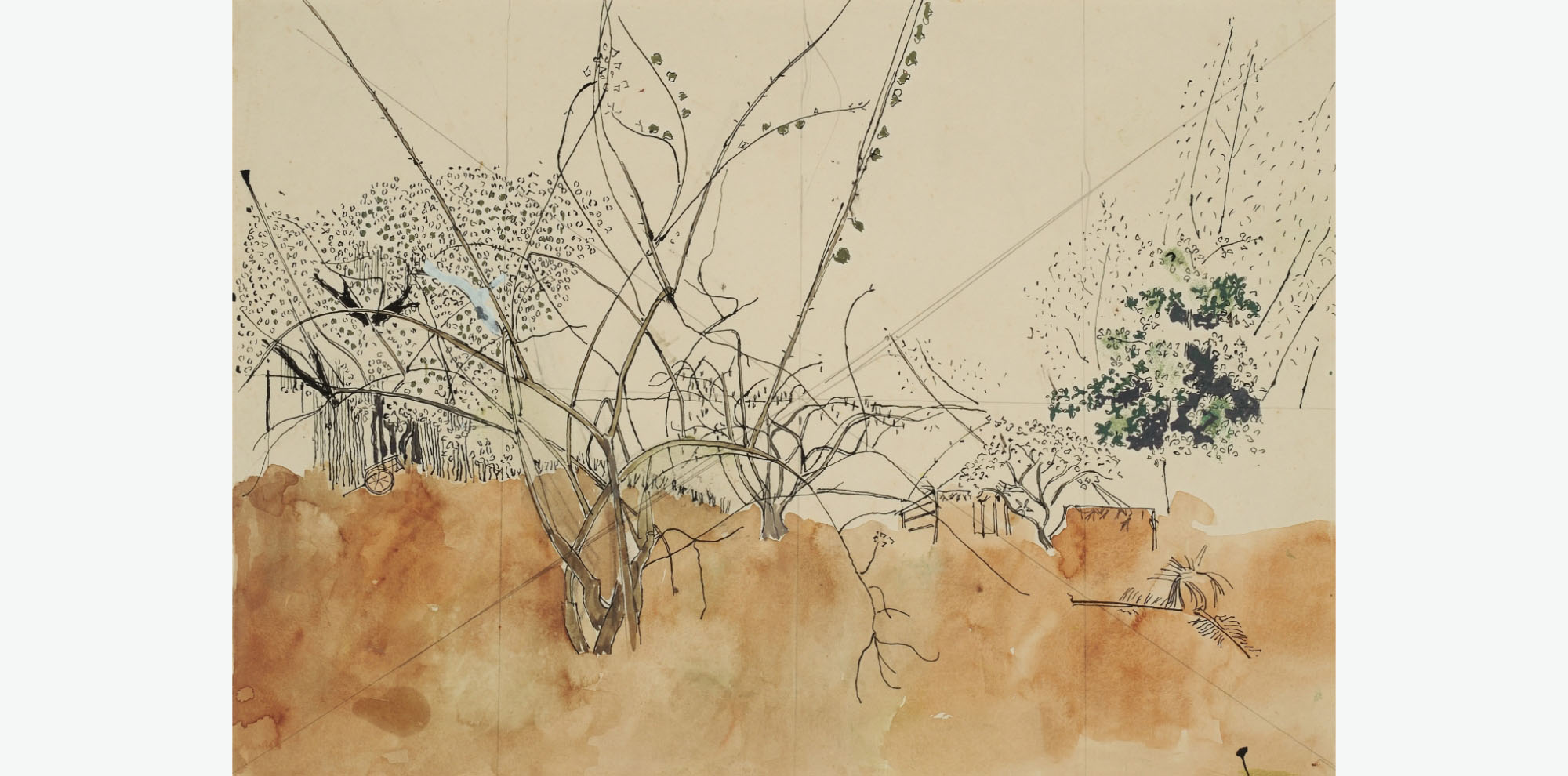 Black ink lines that resemble branches with smatterings of green are set above a band of brown watercolour on tan paper.