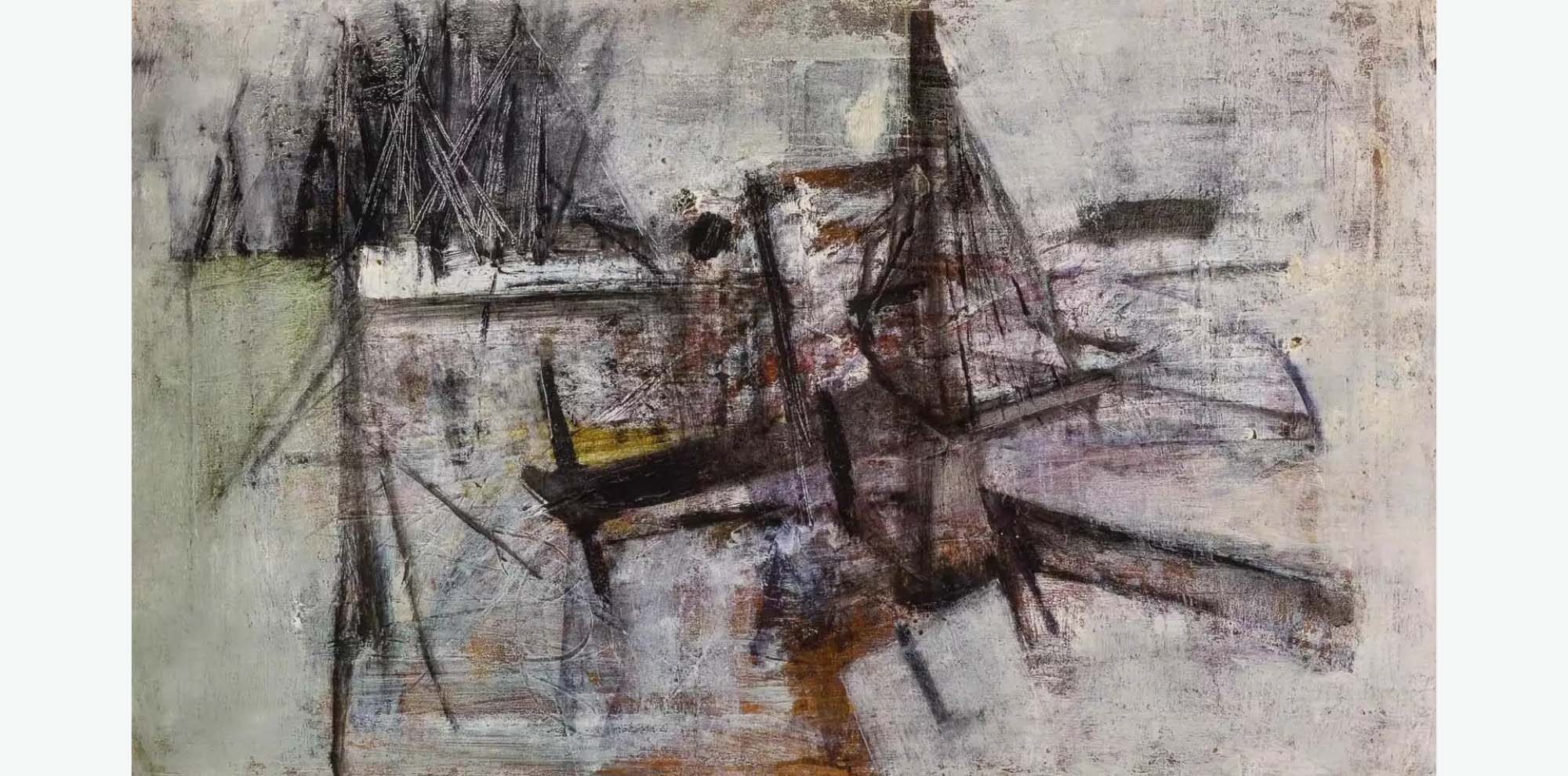 An abstract composition of black triangles and lines set above washed out browns, yellows, greens and whites with scuffs across the surface.