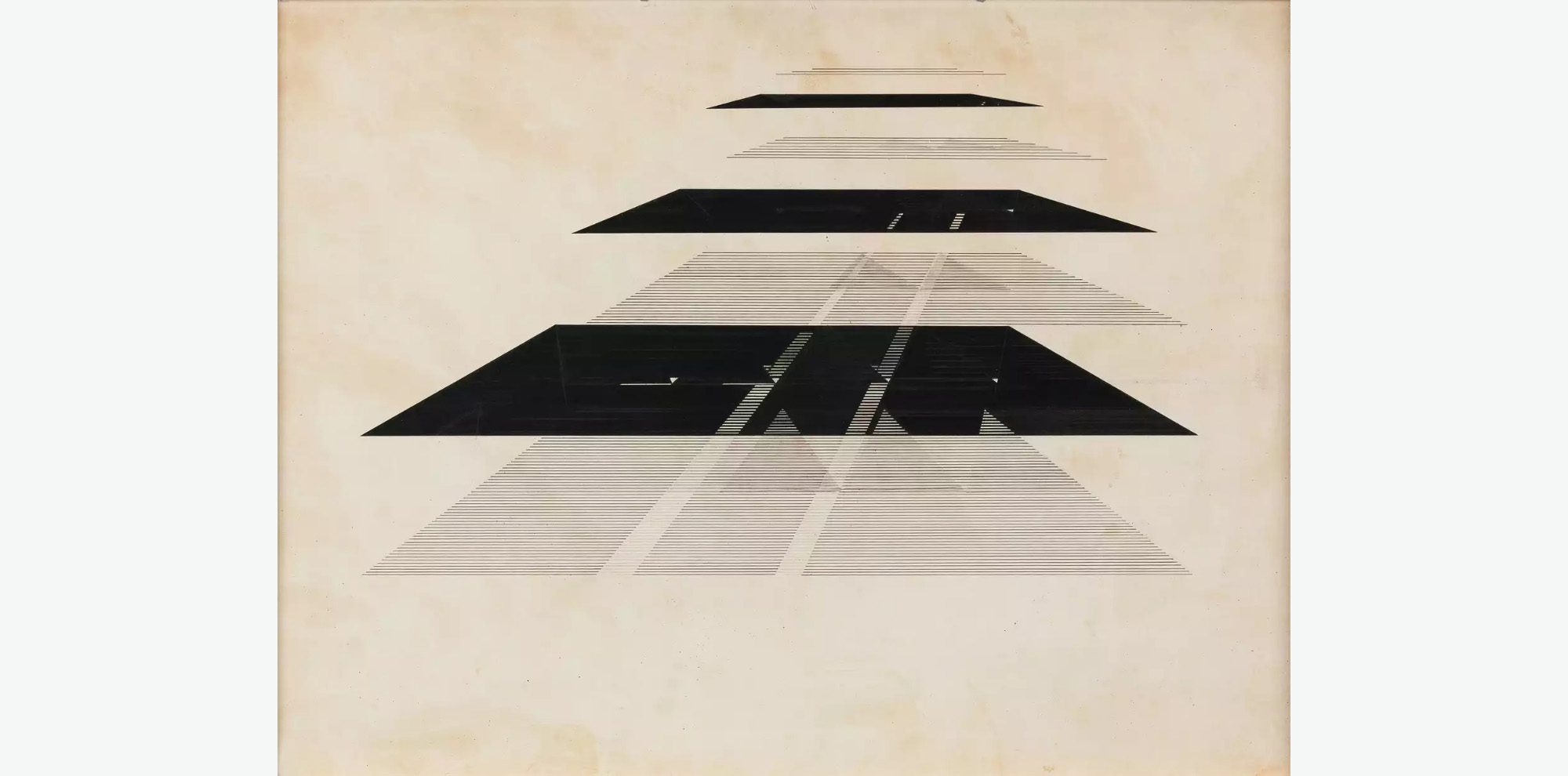 Alternating angled squares of horizontal lines and solid black stacked on top of each other as if floating away on a tan background.