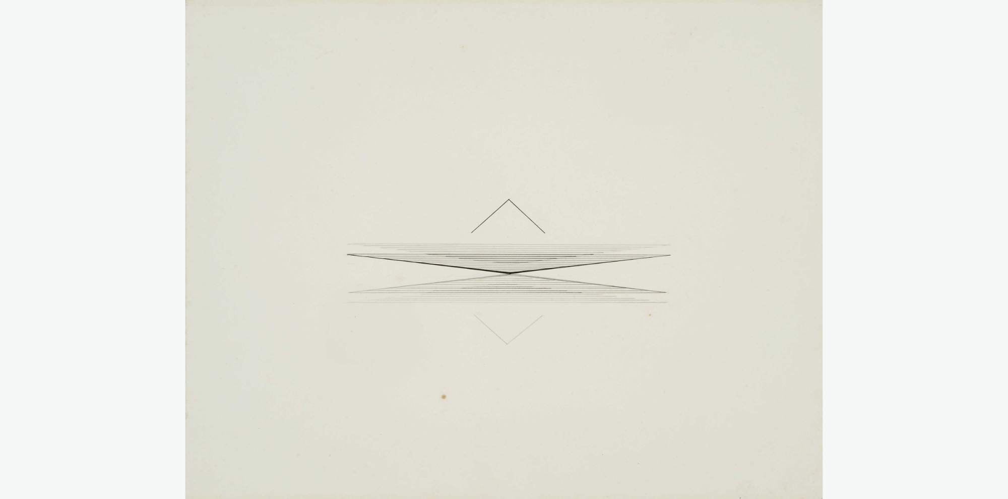 The centre of the work is composed of horizontal lines of varying thickness and length sandwiched between angled lines. This is inverted and replicated at the bottom on a white background.
