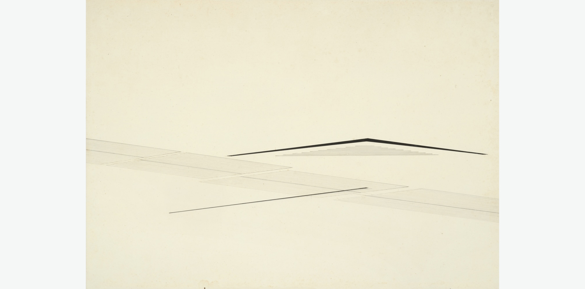 A band of slanting lines that form floating rectangles with a bold line cutting through it surrounded by a thick L shape and diagonal lines.