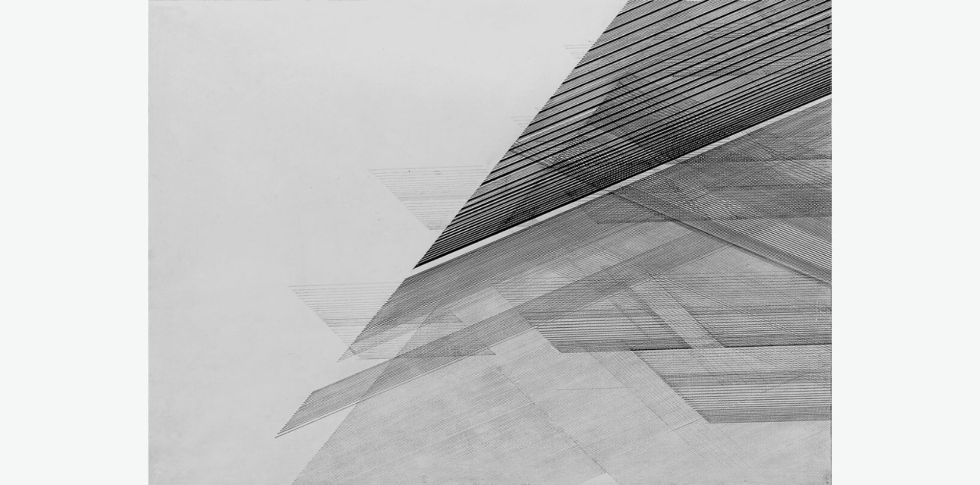 Intersecting lines of various thickness form overlapping floating slopes concentrated on the right side of the composition.