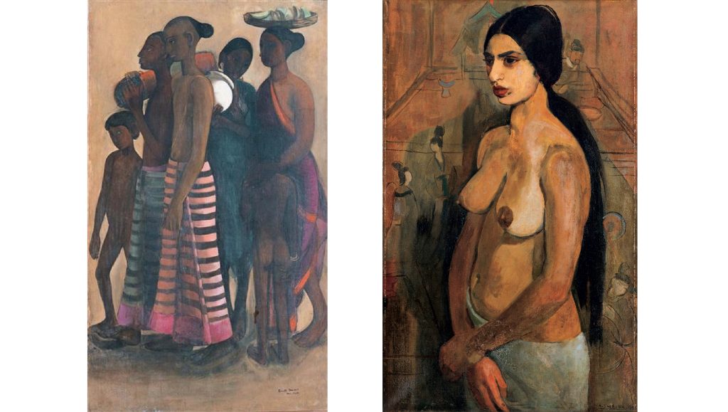 Left: An oil painting with women in sarees carrying things over their heads, men with their lower half wrapped with a garment and nude children. Right: A painting of the nude artist, her lower half covered and her hands clasped at the front, stands in front of a painted wall while her shadow appears as a silhouette of a man. 