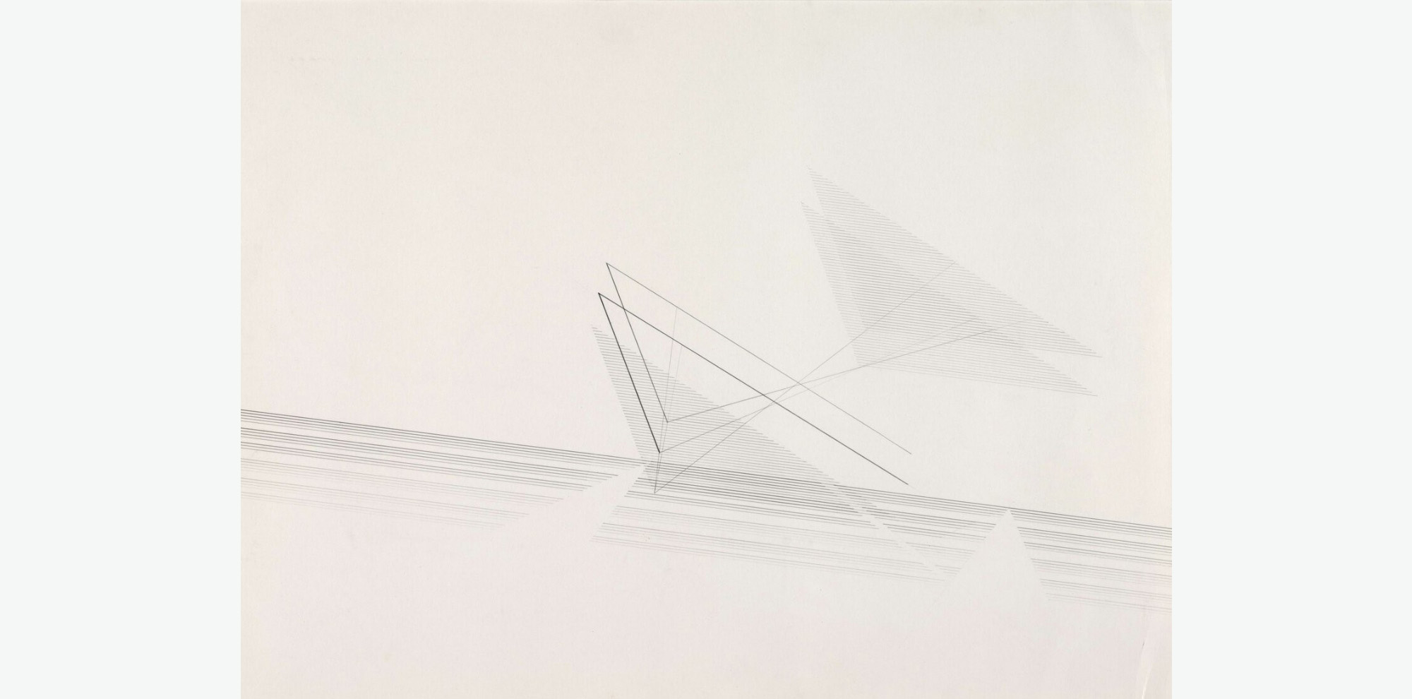 Slanted intersecting lines of varying thickness form a band at the bottom with multiple obtuse triangles pointing towards it at the top.