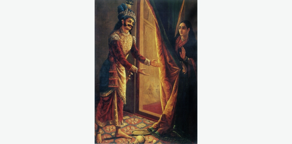 An oil painting of a woman who hides behind a curtain and denies the advances of an ornately dressed man with a plate of fruits scattered in the foreground.