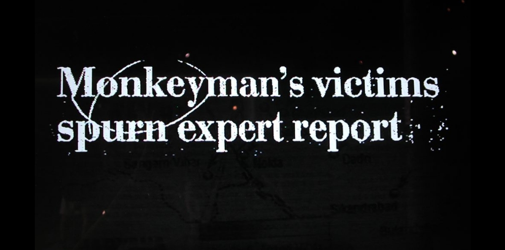 A black background with the English text, ‘Monkeyman’s victims spurn expert report’.
