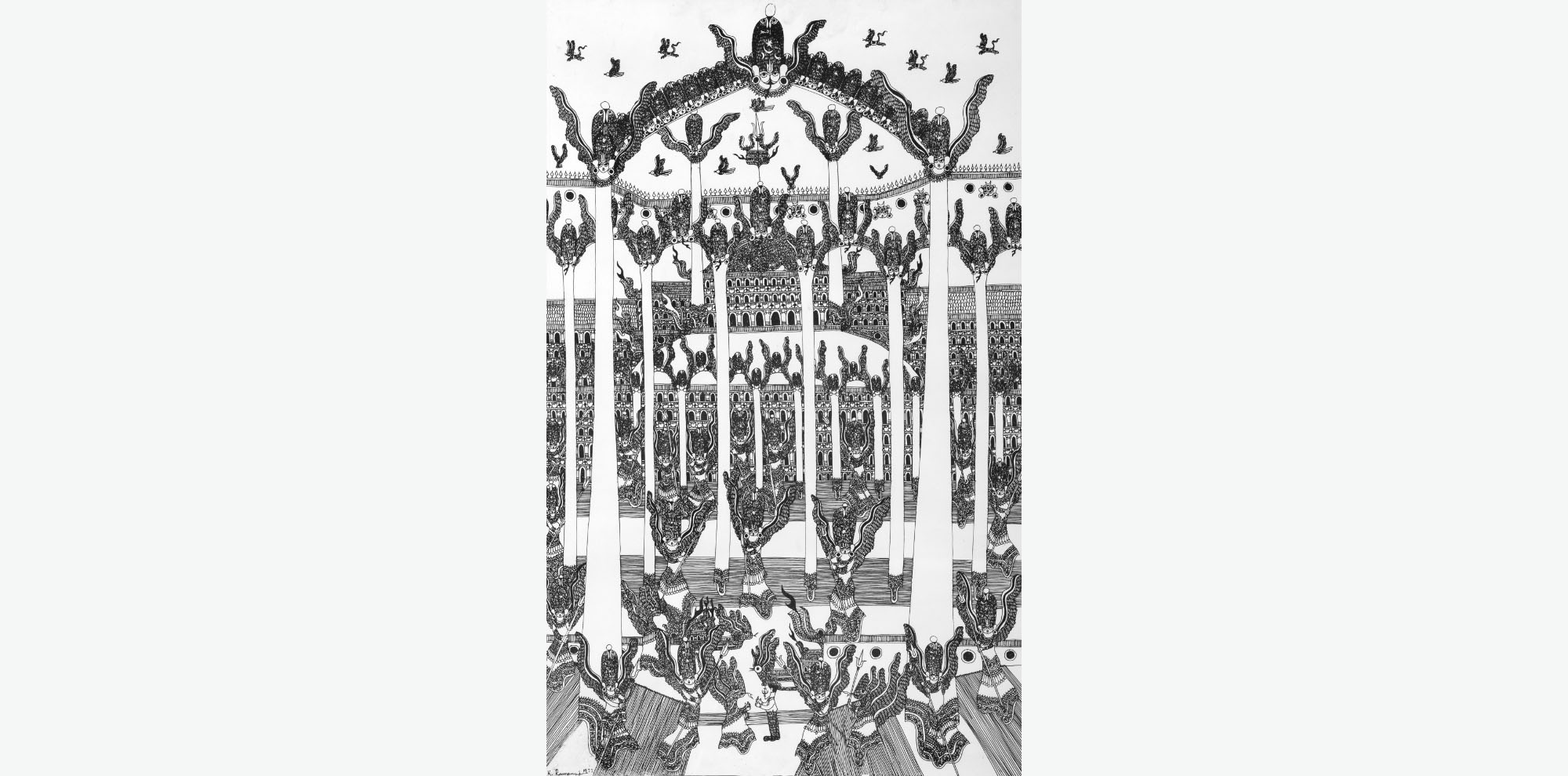 A line drawing of multiple mythical figures dancing in a hall with tall pillars and grand architectural arches in the far distance behind them.