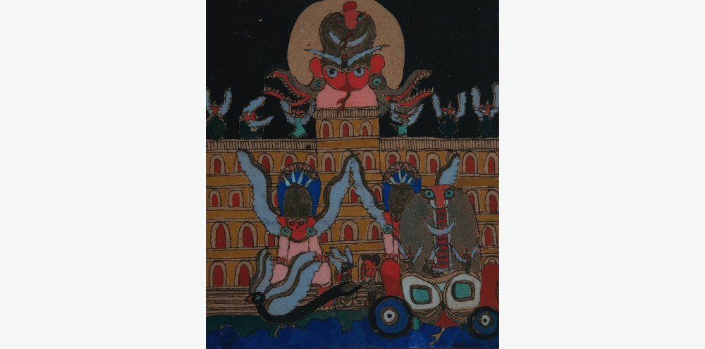 A group of imaginary figures stand in front of a palace with multiple arches and red-beaked figures with blue wings perched on its roof.