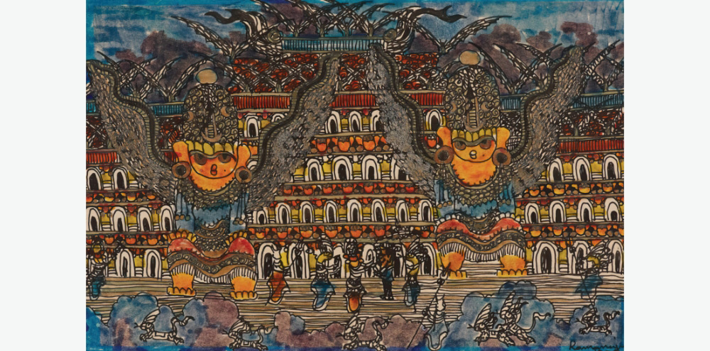 A colourful composition depicting two large mythological figures with stretched out wing-like structures surrounded by tiny human figures in the foreground and grand architectural arches in the background.