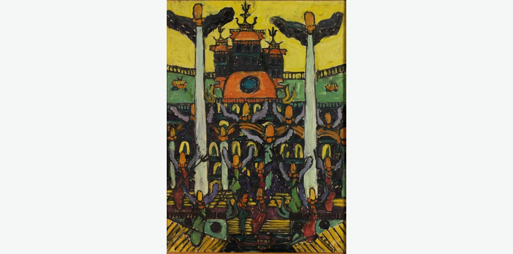 A colourful composition of mythical figures with raised arms in the foreground with two tall white pillars and a temple-like structure in the background.