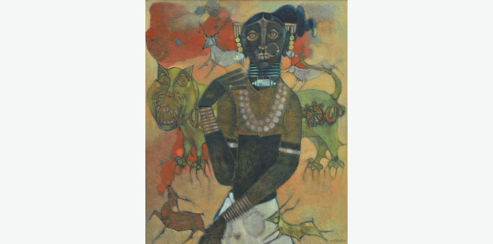 A woman with bangles, a nose ring and a necklace stands in front of a hazy yellow and orange background. There are depictions of a roaring lion and several jumping antelopes behind and around her respectively.
