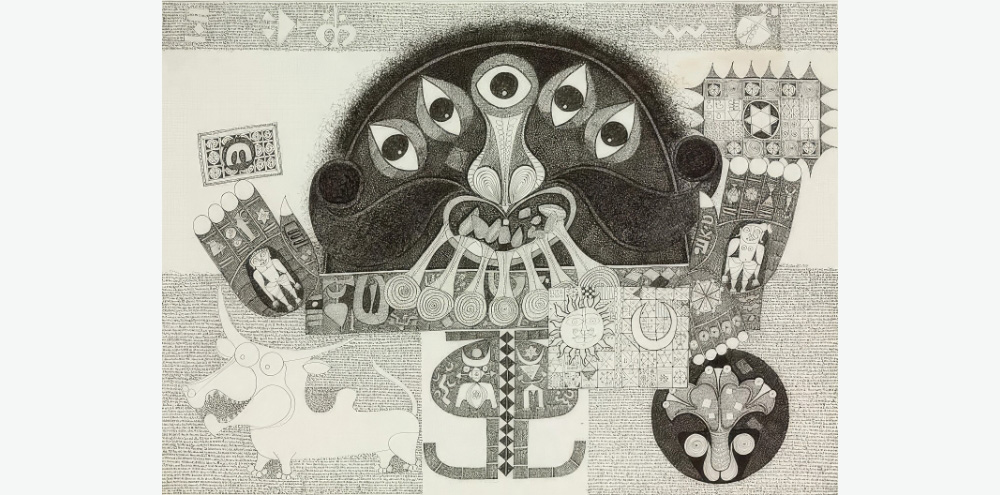 An abstract form of a deity with multiple eyes, a large moustache and palms facing the viewer is surrounded by mandala-like motifs, a white bull on the bottom left and icons of the sun and moon.