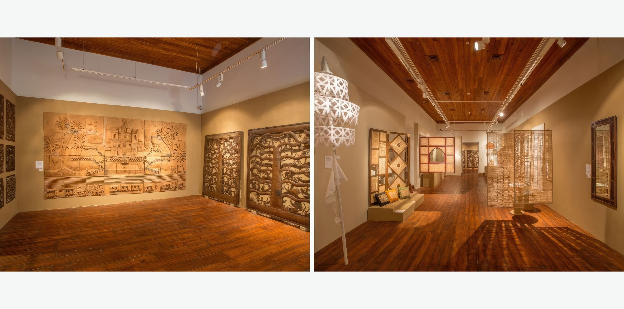 A collage where the left photograph shows a room corner with two large wall murals. The right photograph shows a long exhibition space with various framed wicker artworks.