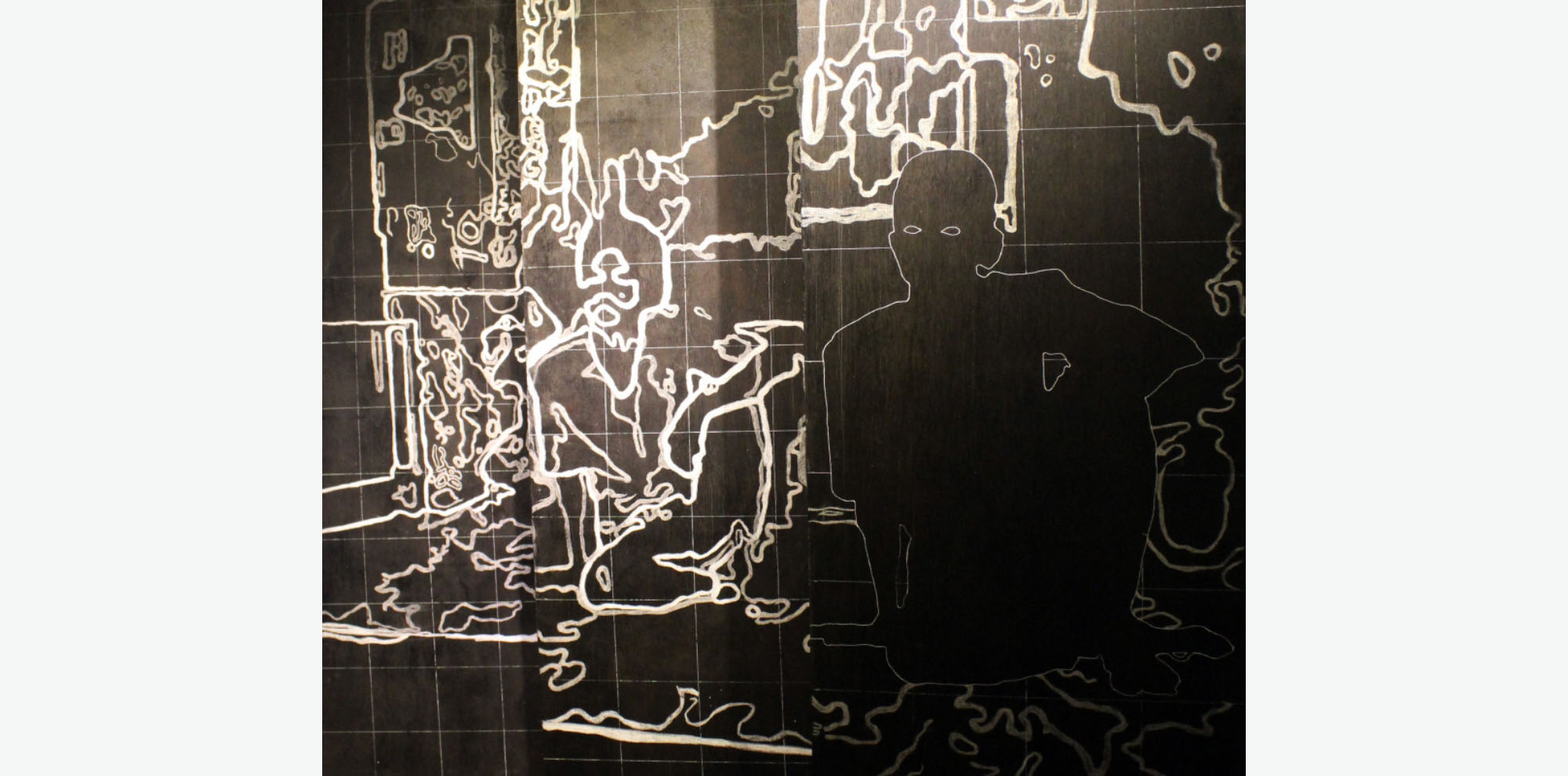 An illustrious composition made of flowing white lines featuring a seated man blending into thicker lines on a black background.