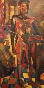 An oil painting of a nude man holding a paintbrush whose body is highlighted by many colours standing in a room. 