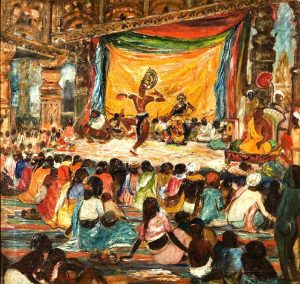 An oil painting of a male performer dancing on a stage inside a hall with sculptured pillars and walls in front of an audience.