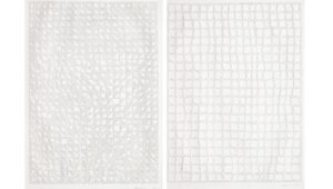 Two artworks of fine perforations over white paper, one with a triangle pattern, the other with a square grid pattern. 