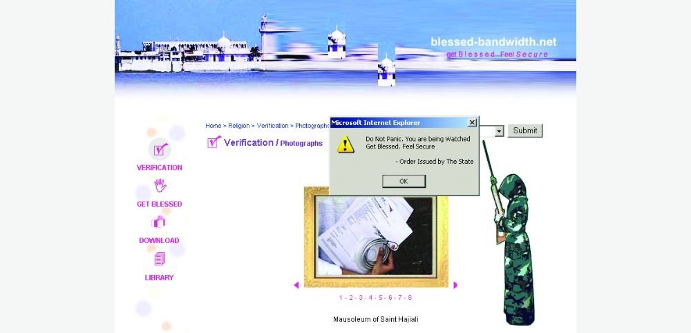 A verification page of the religion ‘Mausoleum of Saint Hajaili’ shows an English warning message saying ‘Do Not Panic, You Are Being Watched. Get Blessed, Feel Secure. Order Issued by The State’.