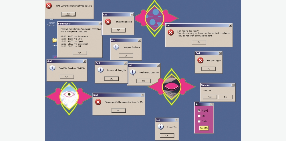 A web page showing multiple geometric eye motifs in the background with various English pop up messages such as ‘I love you’, ‘Remove all thoughts’ and ‘Are you happy’ from ‘God’ in the foreground.