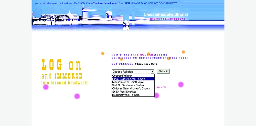 The home page of a website shows a drop-down menu for the choice of religion and other supporting text like ‘Get Blessed, Feel Secure’.