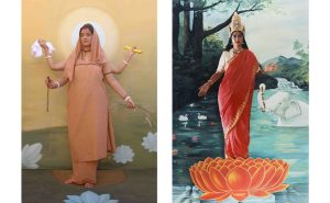 Left: Photograph of a four-armed woman in a saffron garment standing in front of an orange background containing painted white lotuses.

Right: Photograph of a red saree-clad woman with a gold crown standing on a paper lotus in front of a painted background depicting a pond with a white elephant holding a flower garland.
