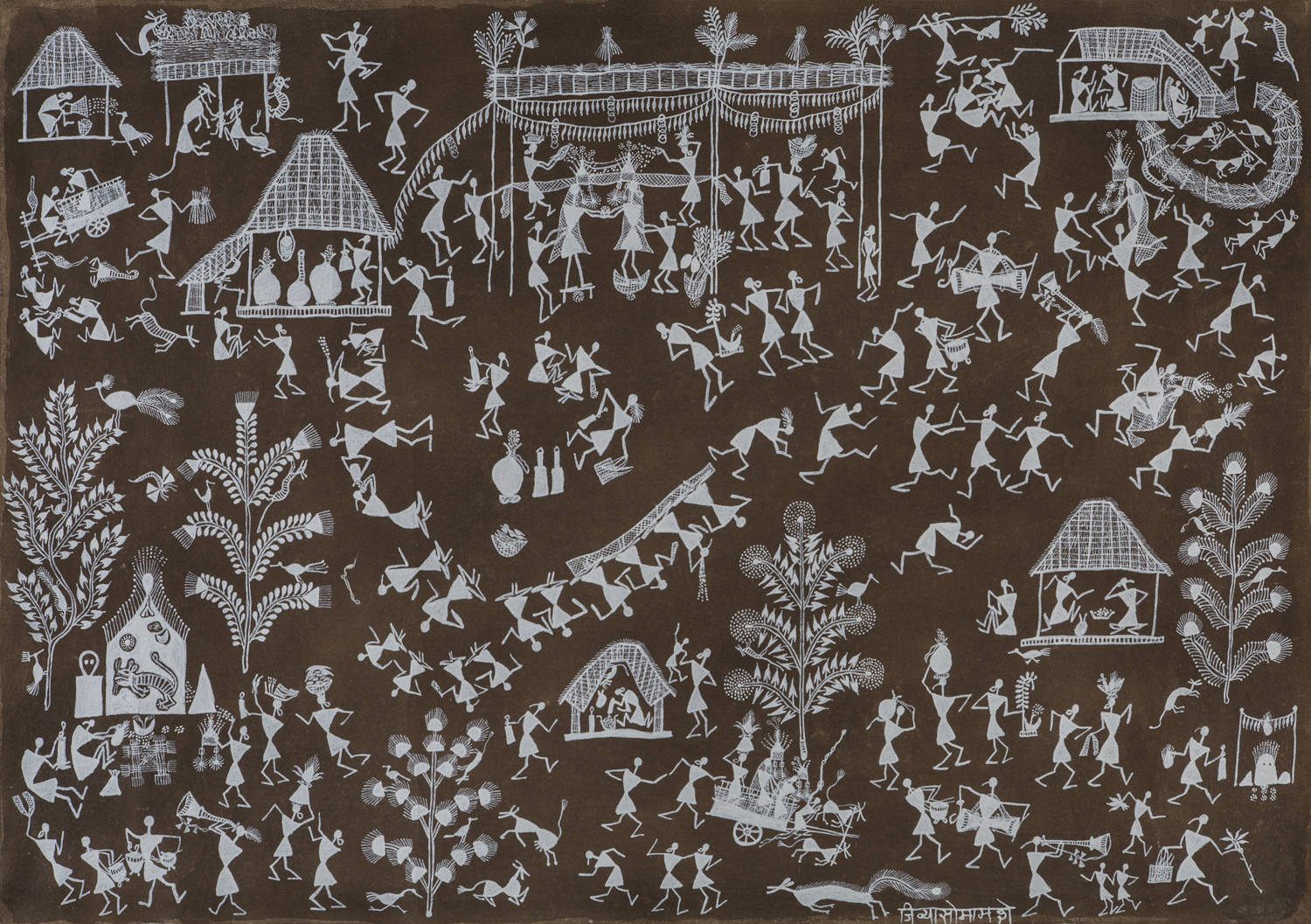 Several white, geometric figures carrying baskets, dancing, playing instruments and walking amid thatched houses and trees