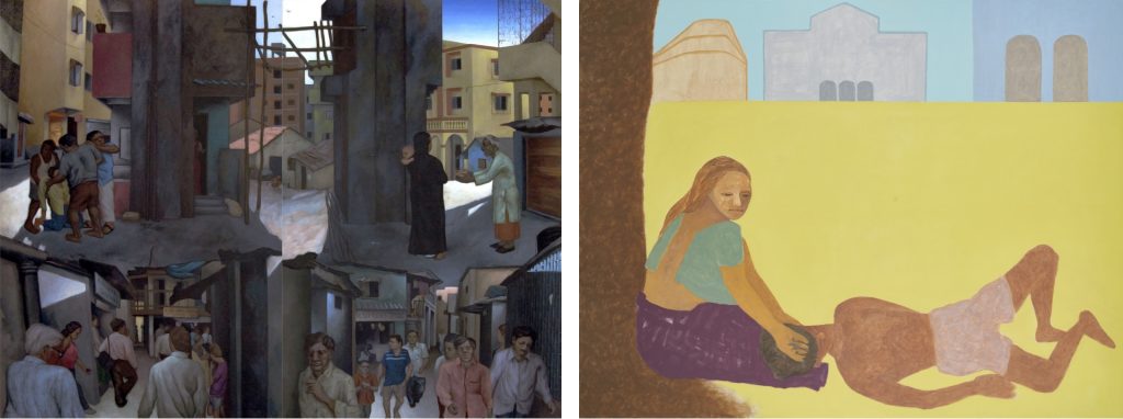 Left: A painting depicts a shadowed alleyway with several buildings and groups of people. 
Right: A painting depicts a reposing man lying his head on a woman’s lap under a tree with three buildings in the background.
