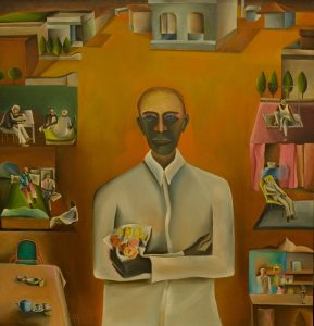An oil painting of a man holding a bouquet of plastic flowers surrounded by smaller sections of empty rooms, buildings and seated figures.
