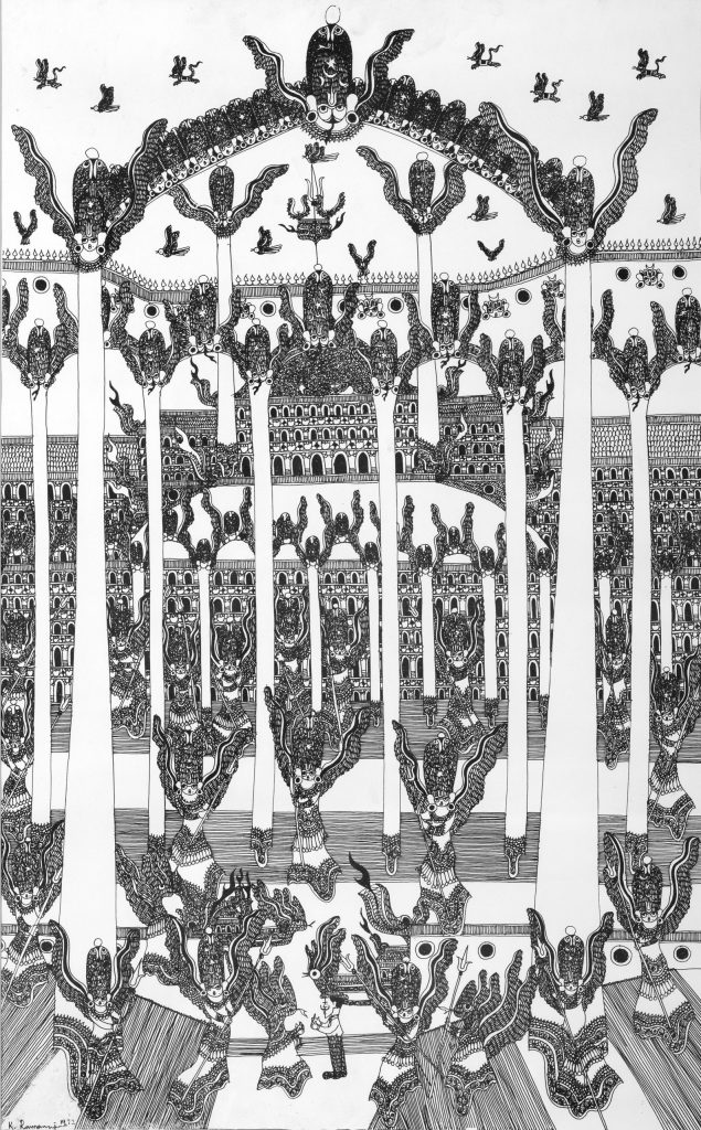 A line drawing of multiple mythical figures dancing in a hall with tall pillars and grand architectural arches in the far distance behind them